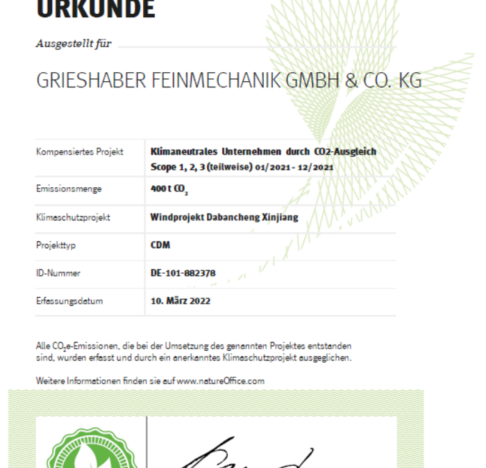 Grieshaber Feinmechanik is now officially a climate-neutral company