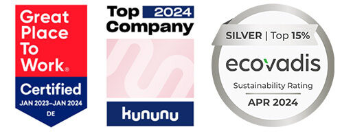 Eine Collage aus Logos von Auszeichnungen und Zertifizierungen: Great Place To Work Certified DE JAN 2023 - JAN 2024, Kununu Top Company 2024, Ecovadis Sustainability Rating SILVER Top 15% APR 2024