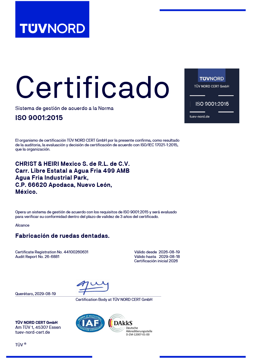 Calidad nuevamente confirmada: nuestra planta de Apodaca, Nuevo León, ha sido recertificada con éxito conforme a las normas ISO 9001:2015 e IATF 16949:2016. Este logro refleja nuestro compromiso con unos estándares de calidad elevados y consistentes en todas nuestras plantas a nivel mundial.