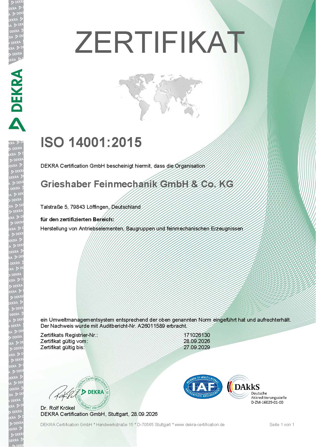 Verantwortung für die Umwelt: Unser Standort in Löffingen wurde erfolgreich nach ISO 14001:2015 zertifiziert. Dies unterstreicht unser Engagement für ein wirksames Umweltmanagement und einen verantwortungsvollen Umgang mit Ressourcen.
