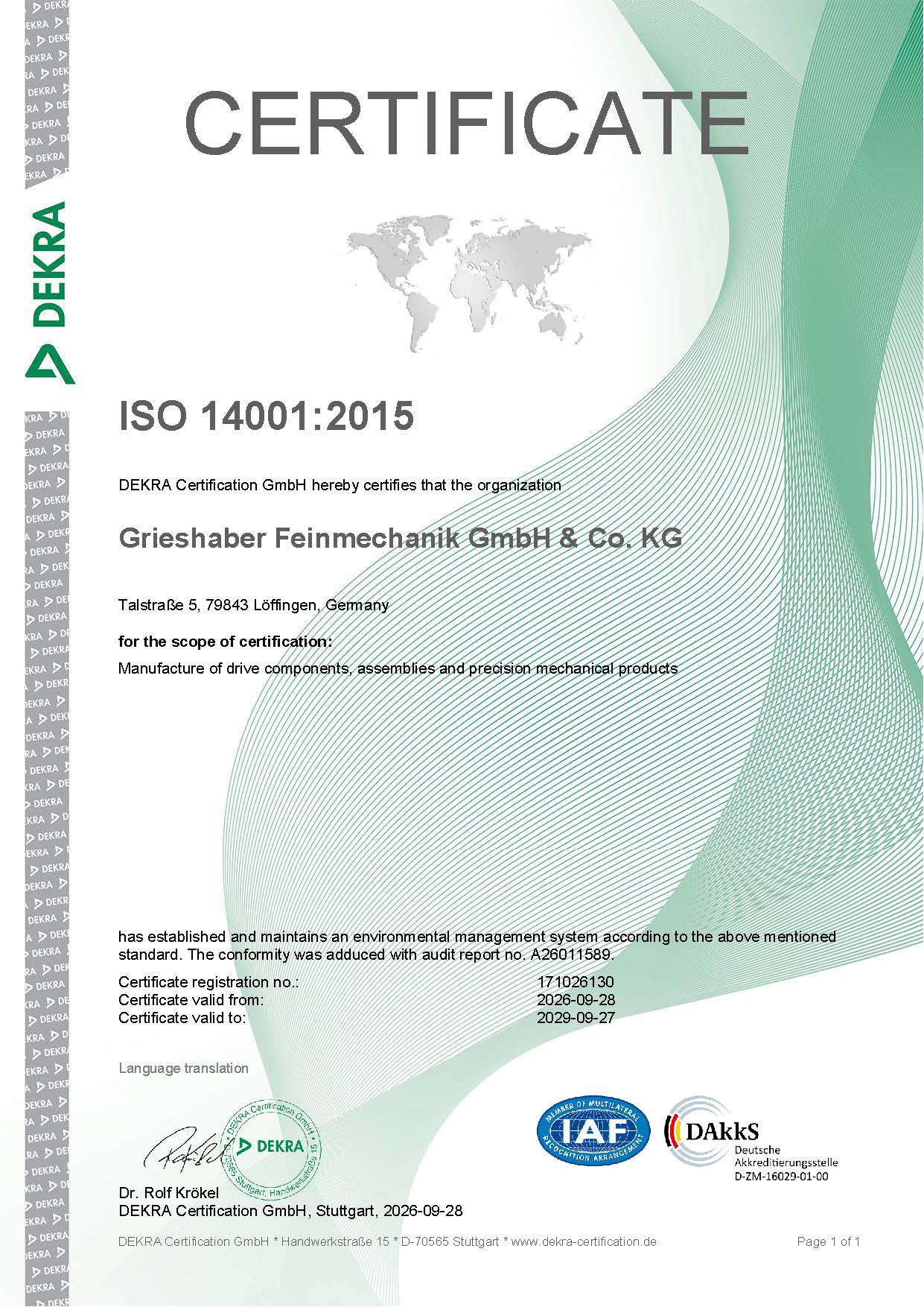Responsabilidad ambiental: nuestra planta de Löffingen ha obtenido la certificación ISO 14001:2015. Este logro subraya nuestro compromiso con una gestión ambiental eficaz y el uso responsable de los recursos.